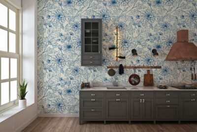 Flores azules sobre fondo beige – Papel pintado o Vinilo
