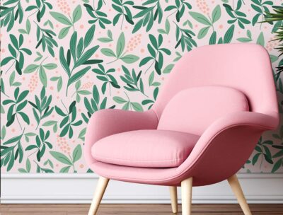 Hojas verdes y bayas rosas – Papel pintado o Vinilo