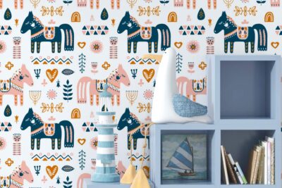 Diseño escandinavo de caballos a color – Vinilo o Papel pintado